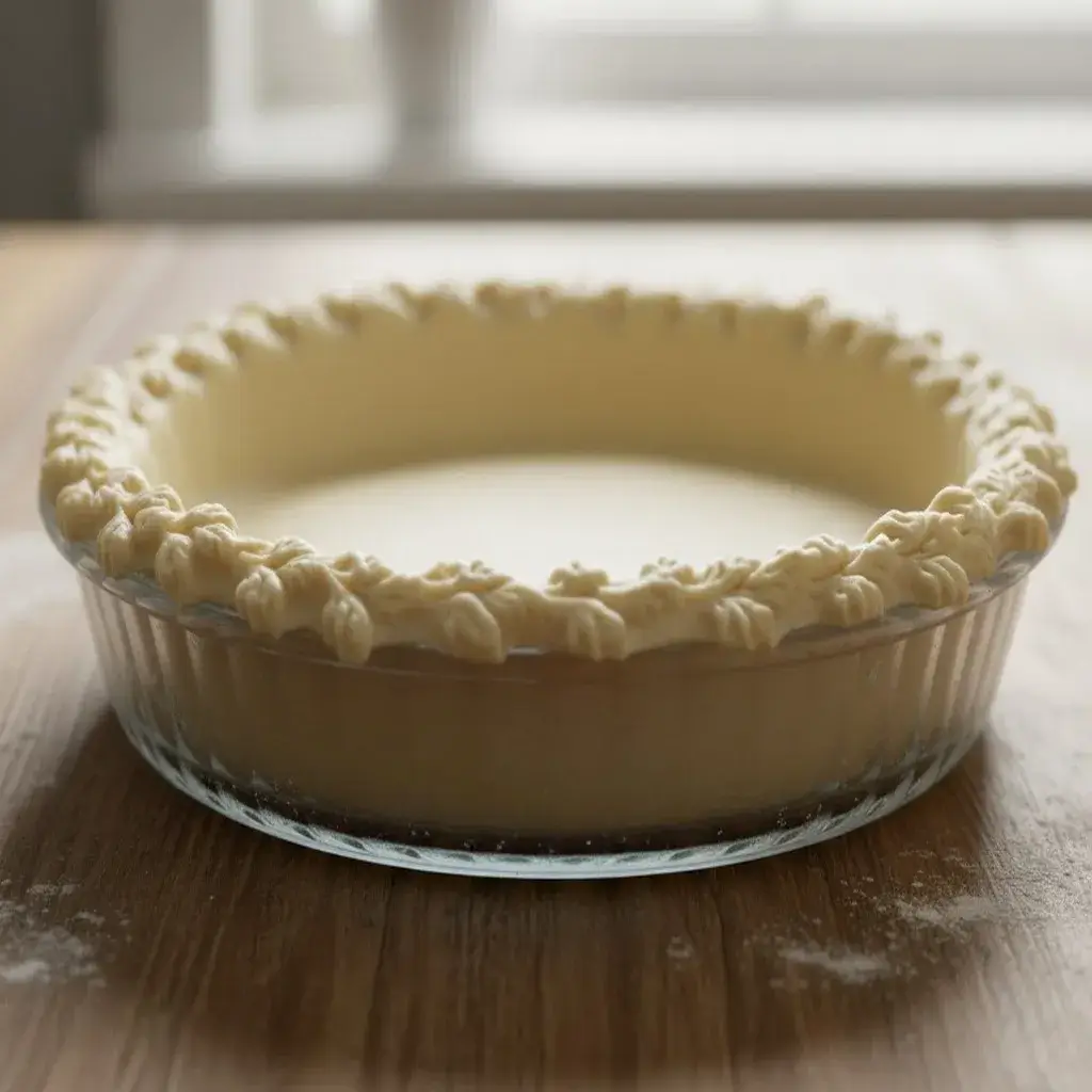 Raw, crimped, ready-to-bake flaky pie crust recipe in a glass dish.