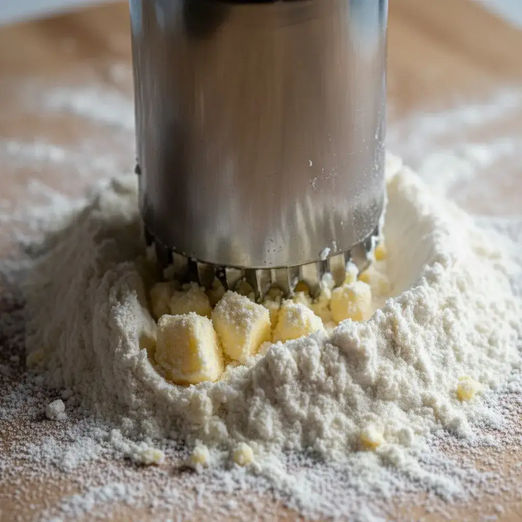 Cutting cold butter into flour, the crucial step for a flaky pie crust recipe.