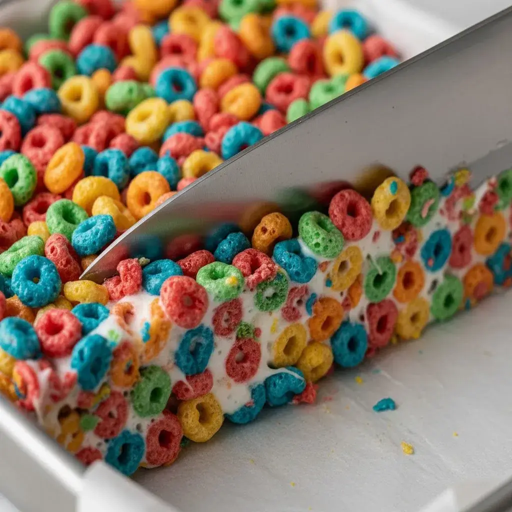Cutting into Fruity Pebbles Rice Krispie Treats