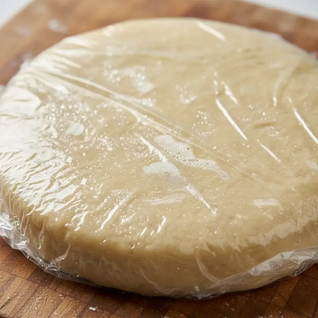 Raw dough disc wrapped for chilling, essential for a perfect flaky pie crust recipe