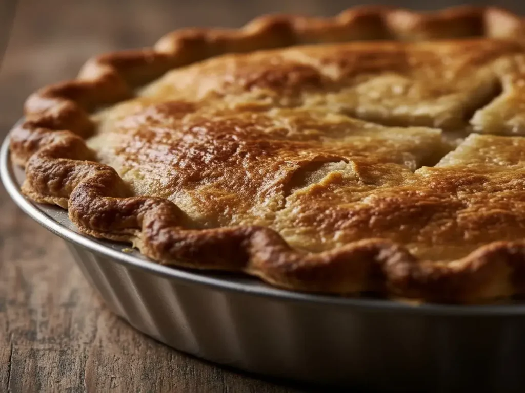 A perfect, golden-brown flaky pie crust recipe baked in a metal pie plate.