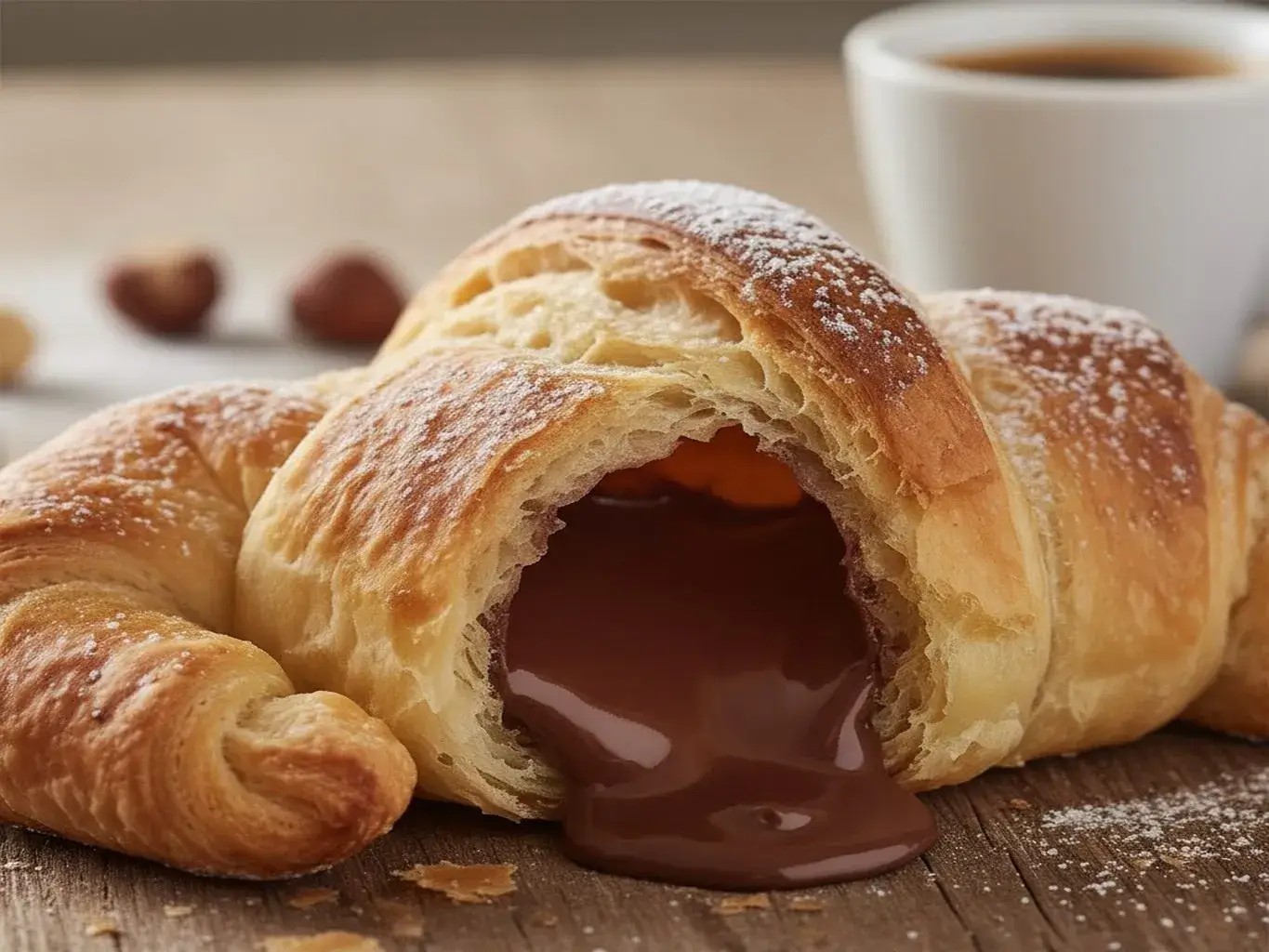 fresh-baked homemade cornetto pastry with chocolate filling
