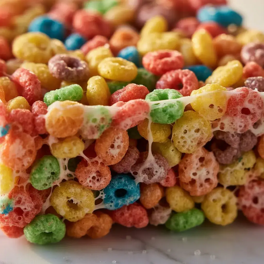 A stack of finished Fruity Pebbles Rice Krispie Treats.