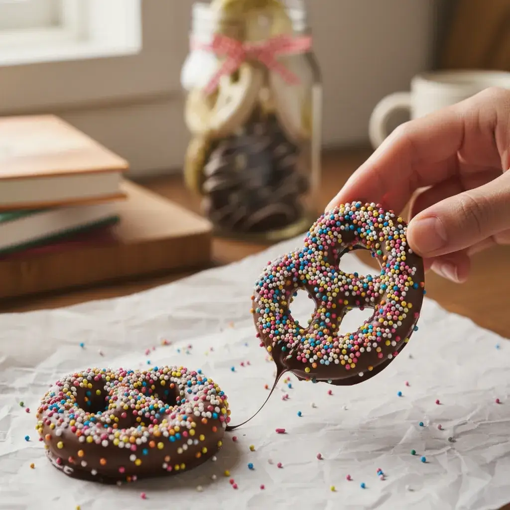 gently peeling a chocolate-covered pretzel (1)