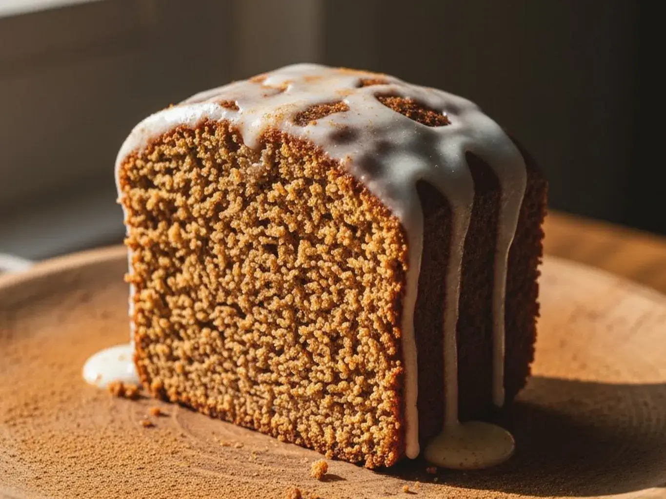 moist slice of gluten free gingerbread cake with glaze