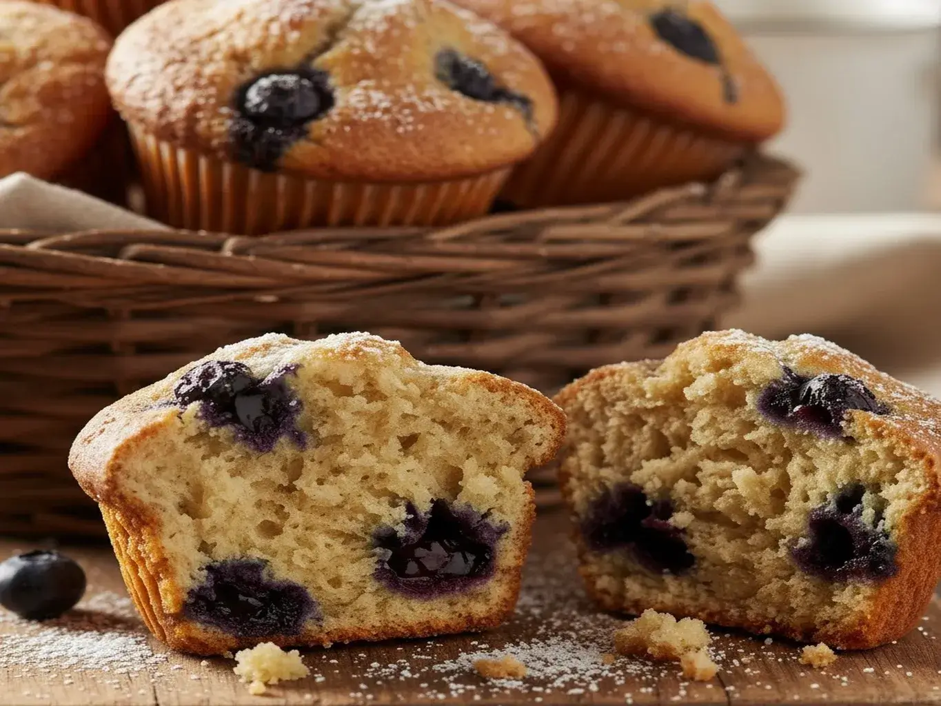 basket of moist high protein blueberry muffins