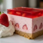 slice of strawberry jello cheesecake with whipped cream