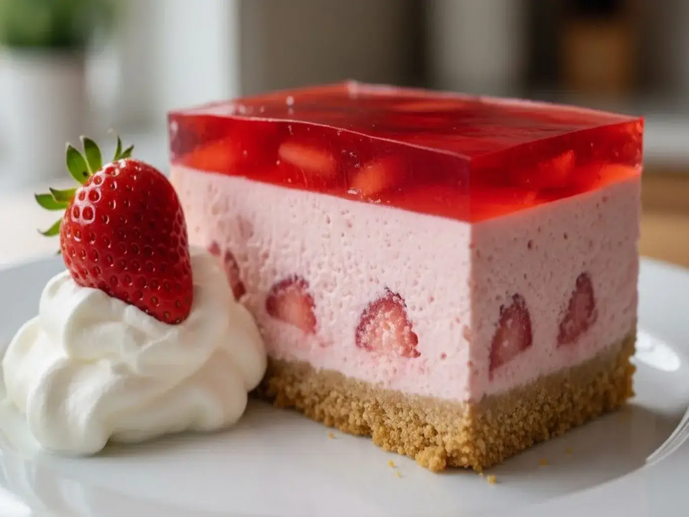 slice of strawberry jello cheesecake with whipped cream