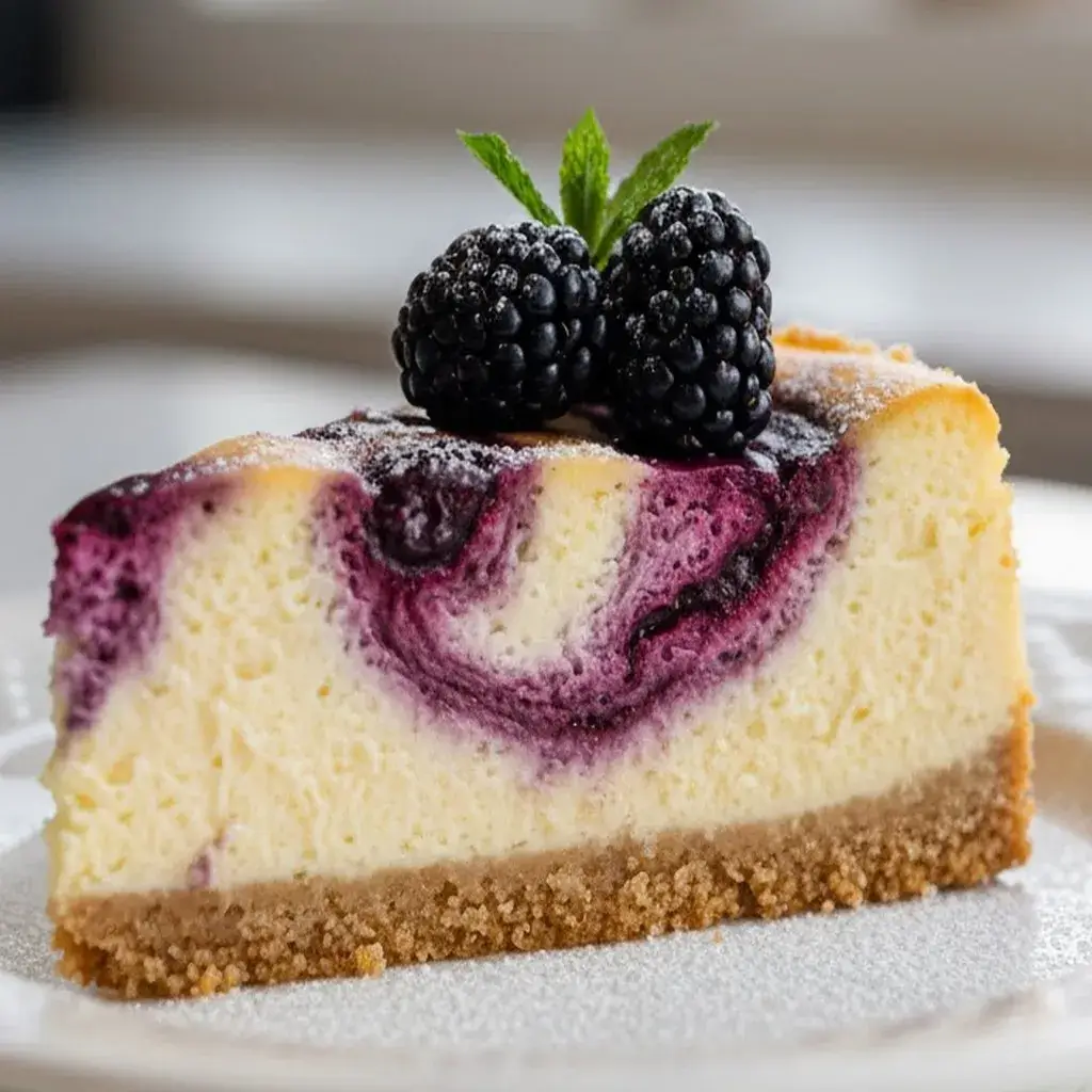elegantly served slice of lemon blackberry cheesecake