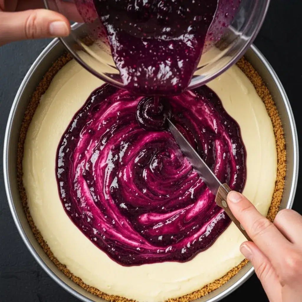 swirling blackberry sauce into lemon cheesecake batter