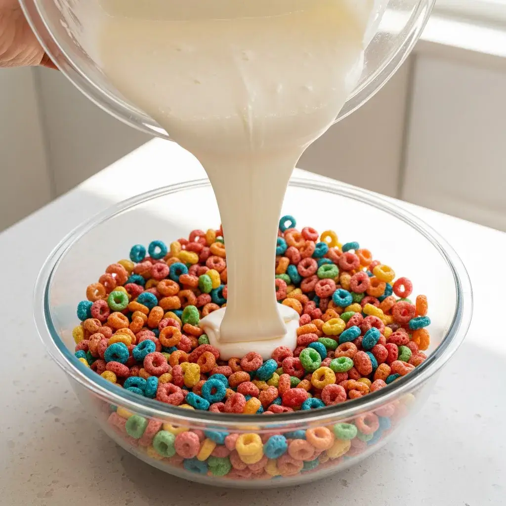 Combining marshmallow and Fruity Pebbles for Rice Krispie Treats.