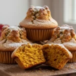 moist pumpkin cottage cheese muffins on a wooden board