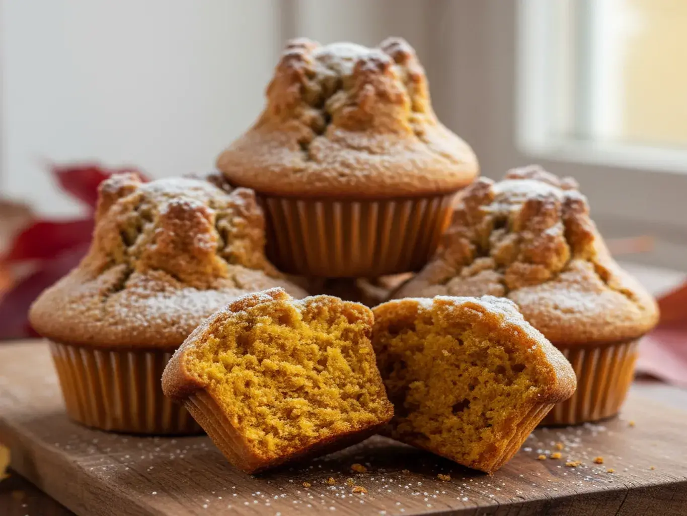 moist pumpkin cottage cheese muffins on a wooden board