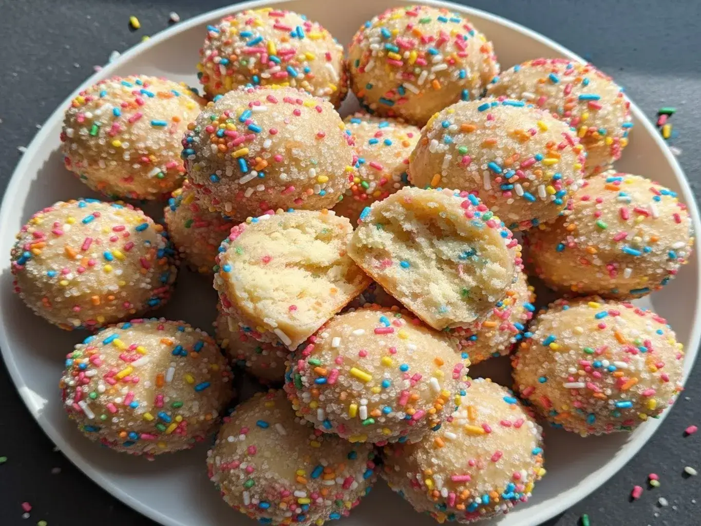 easy no-bake cake batter bites on a white plate