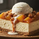homemade peach cobbler cheesecake recipe slice with ice cream