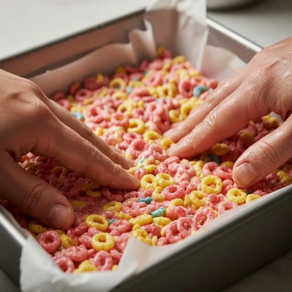 Pressing Fruity Pebbles Treats into the pan.
