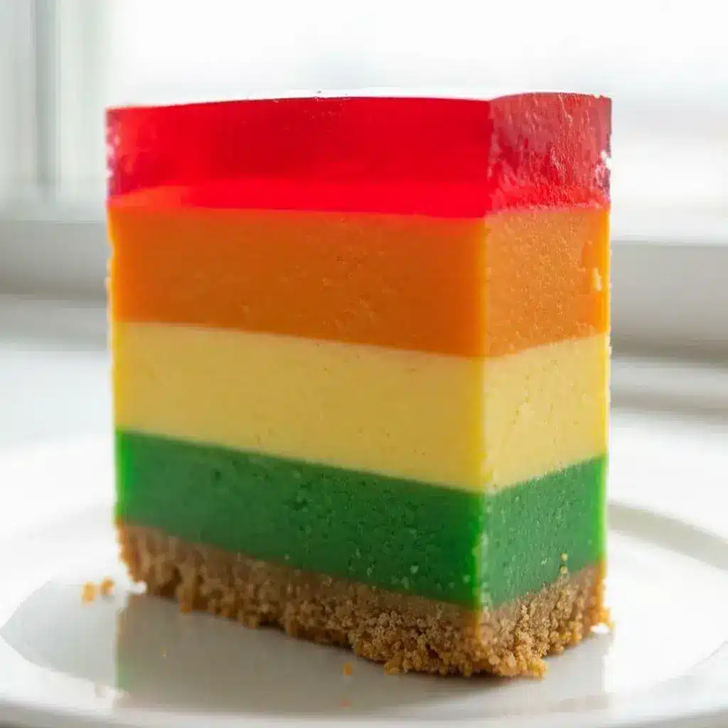 colorful rainbow jello cheesecake slice