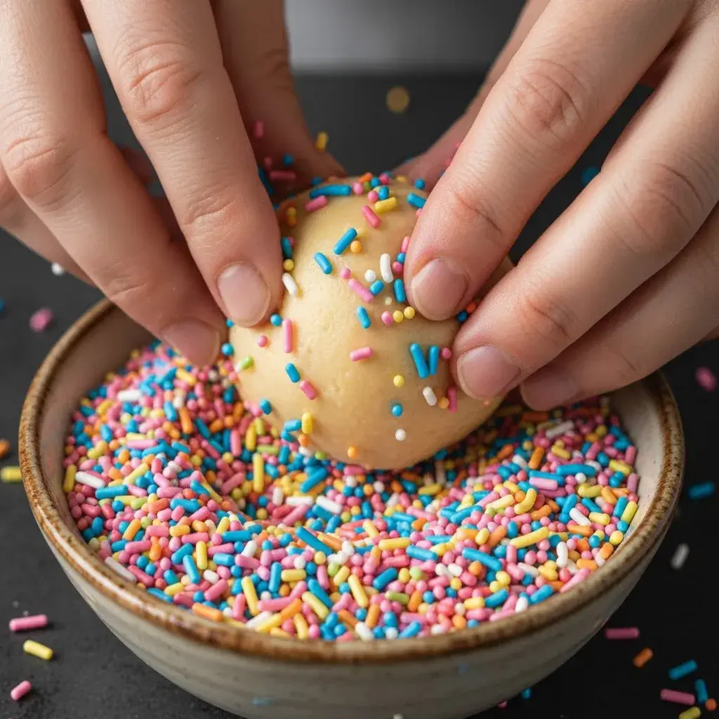 rolling cake batter bites in rainbow sprinkles
