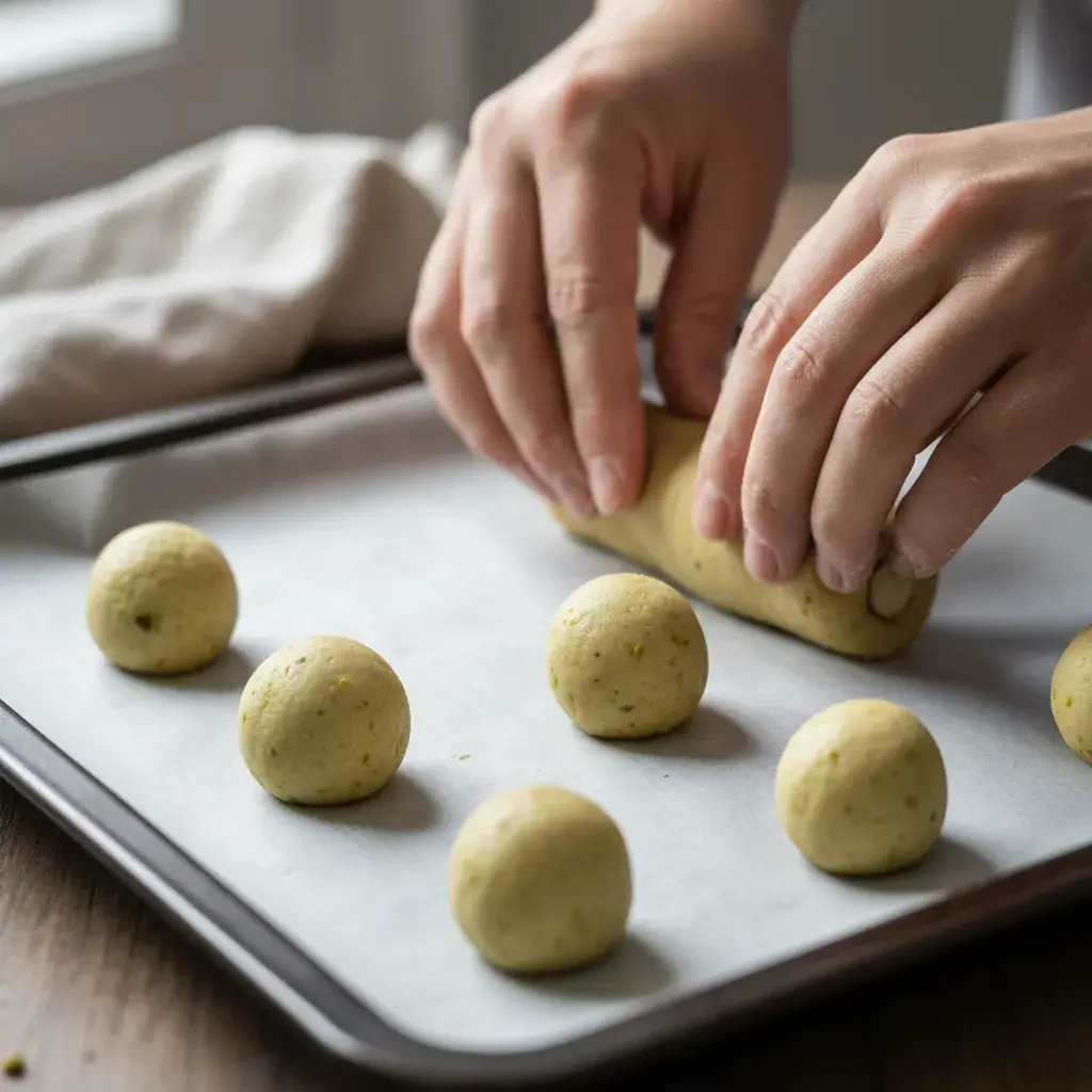 shaping pistachio wedding cookie dough balls
