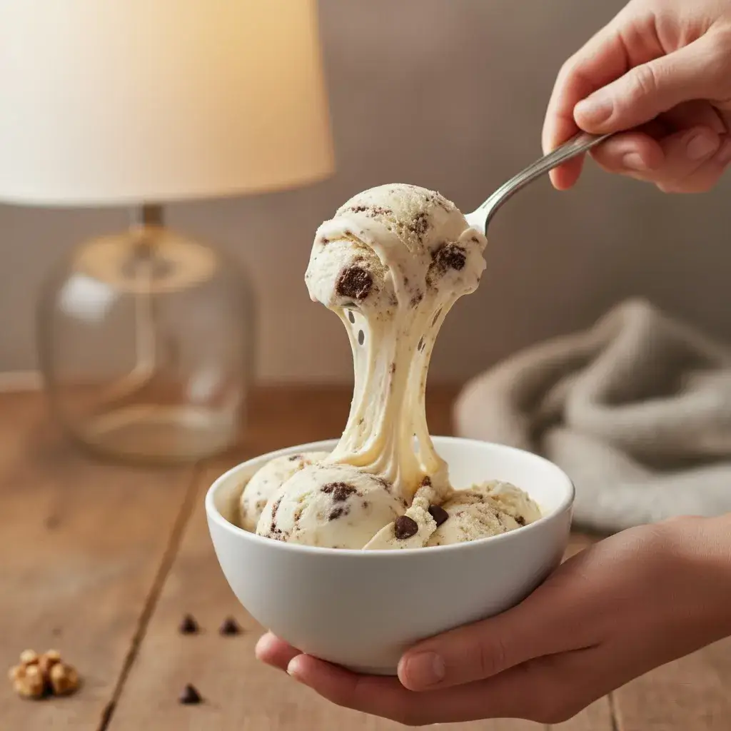 scooping homemade cookie dough ice cream