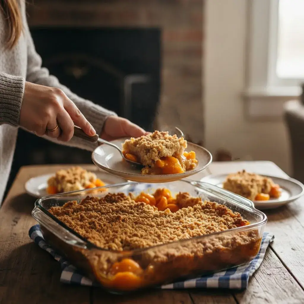 serving fresh apricot dump cake from pan
