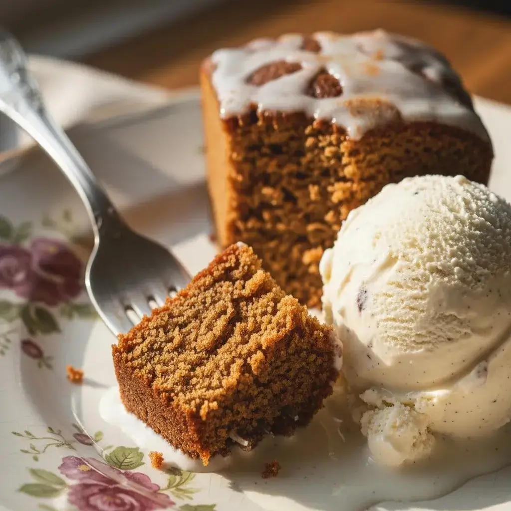 serving gluten free gingerbread cake with ice cream