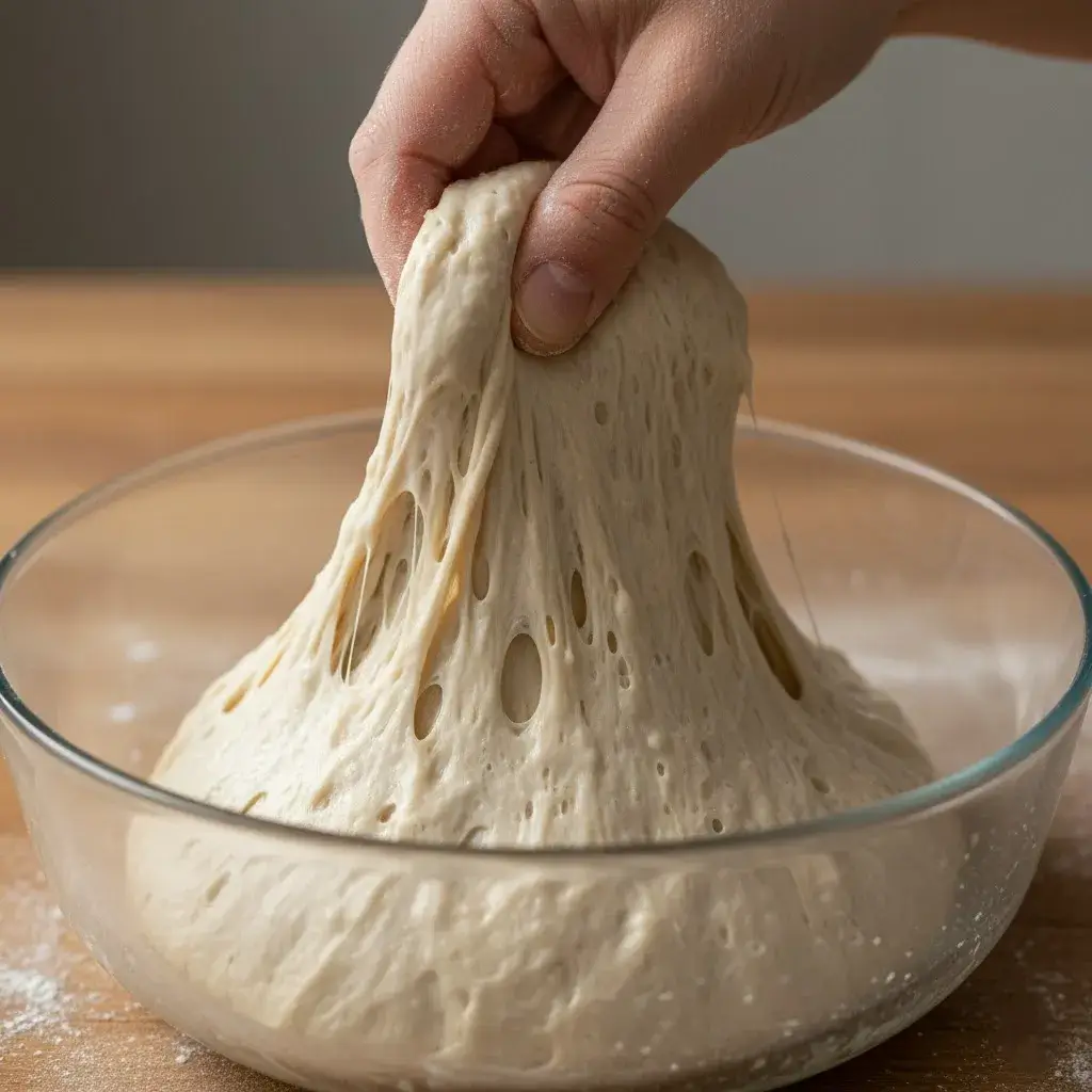 performing stretch and folds on sourdough baguette dough