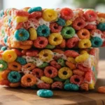 Homemade Fruity Pebbles Rice Krispie Treats on a marble slab