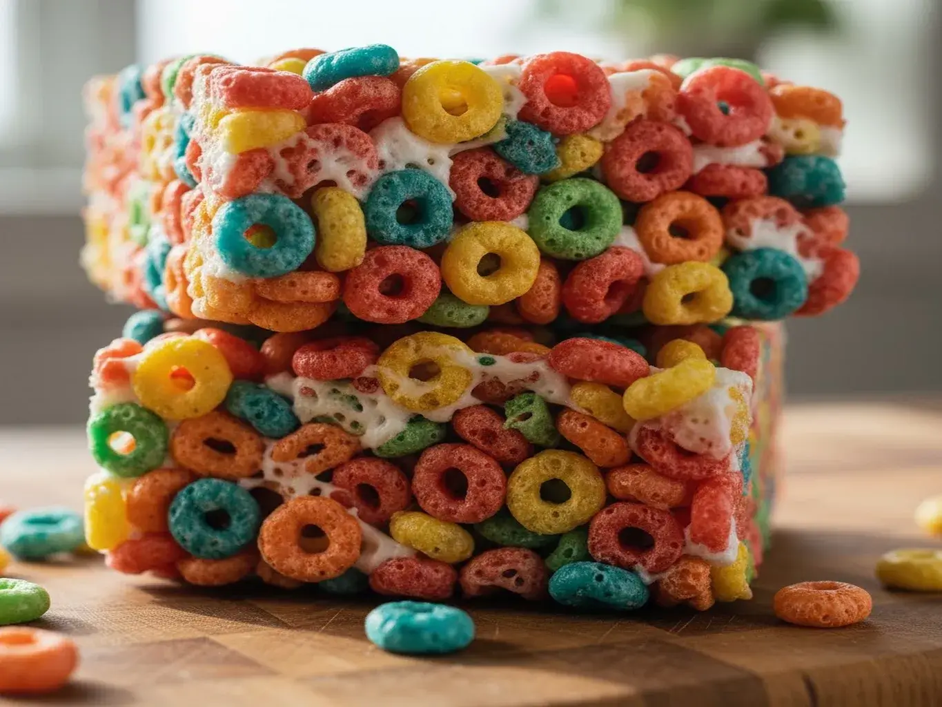 Homemade Fruity Pebbles Rice Krispie Treats on a marble slab