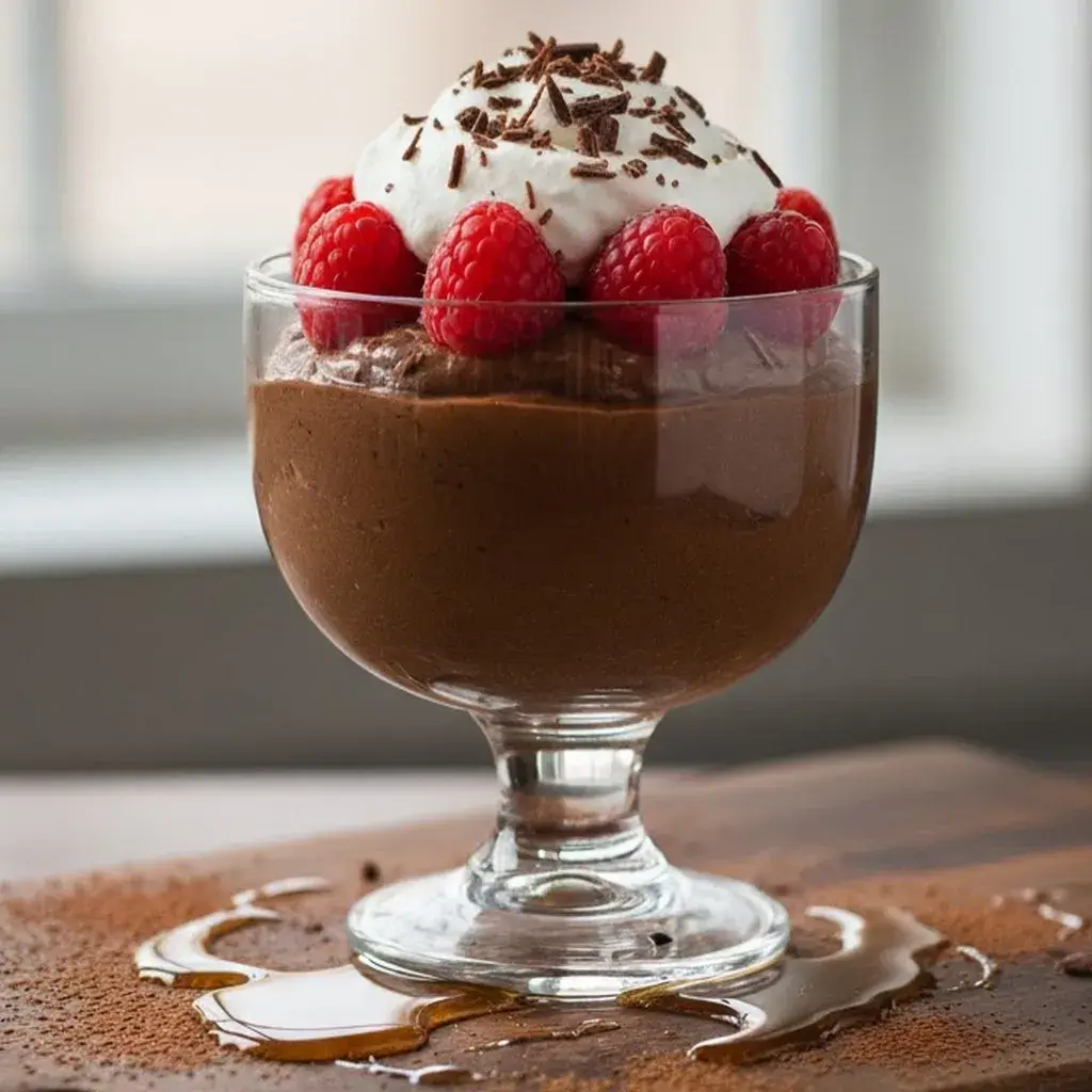 vegan avocado chocolate mousse with different toppings like nuts, fruit, and sea salt.