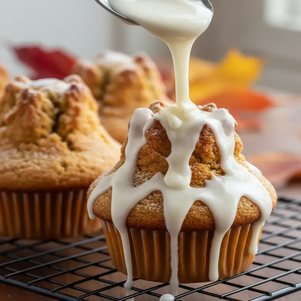 Drizzling cream cheese glaze on Pumpkin Cottage Cheese Muffins