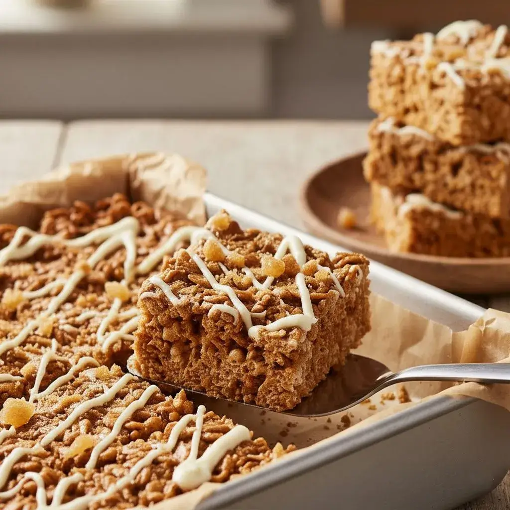 gingerbread rice krispie treat mixture in a pan ready to press