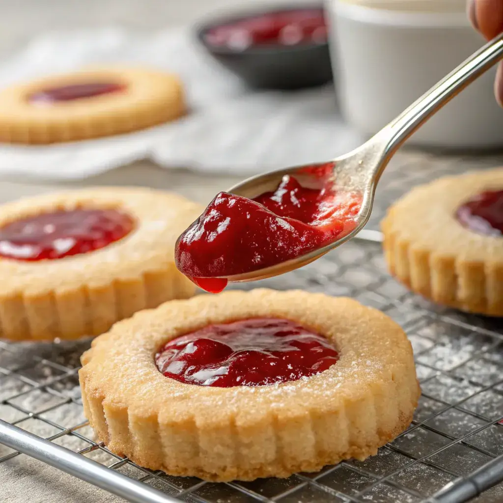 adding raspberry jam to a shortbread cookie
