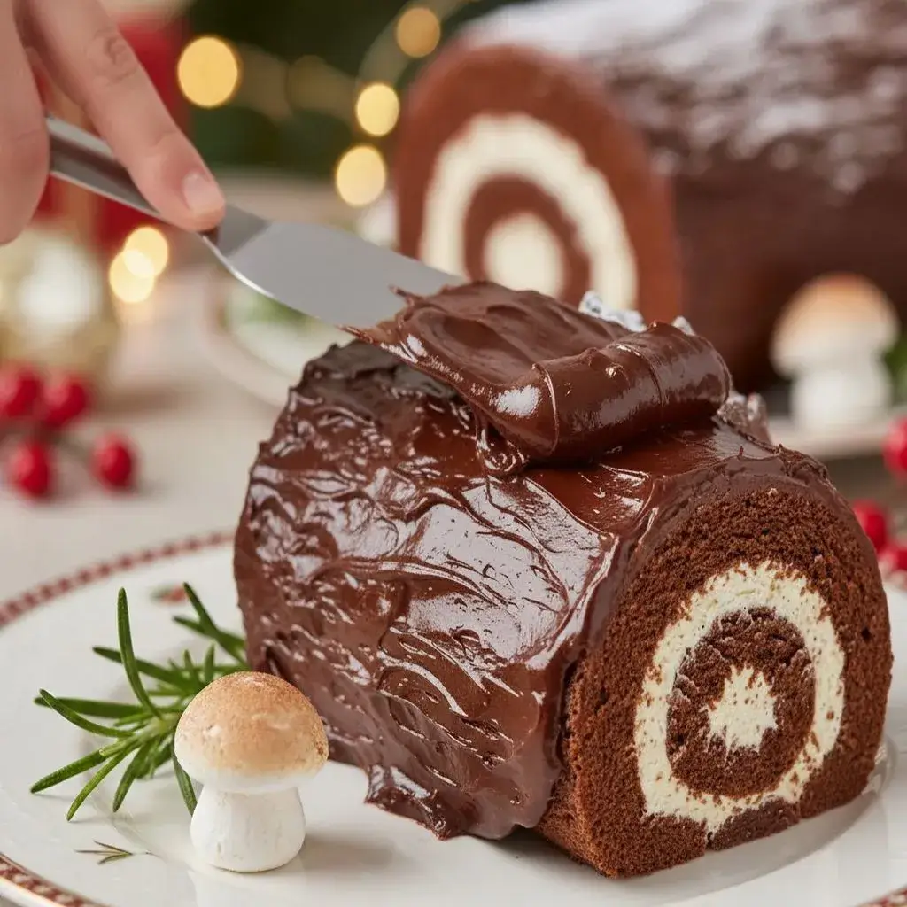 applying chocolate ganache to gluten free yule log cake