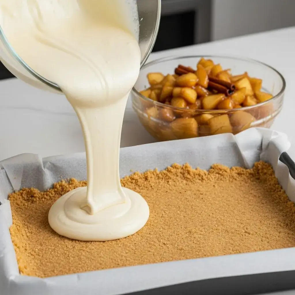 assembling caramel apple cheesecake bars recipe