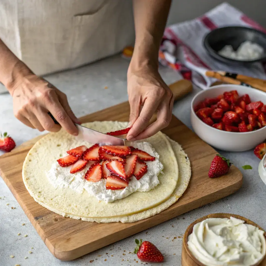 assembling a strawberry shortcake sushi roll