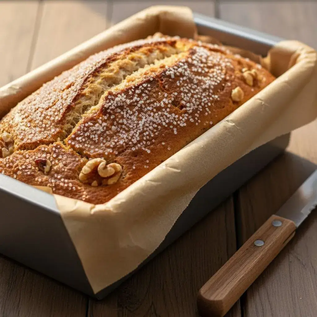 freshly baked cranberry walnut bread in a loaf pan
