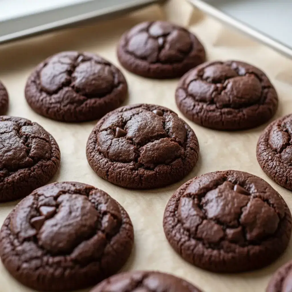 freshly baked keto fudge cookies on a baking sheet