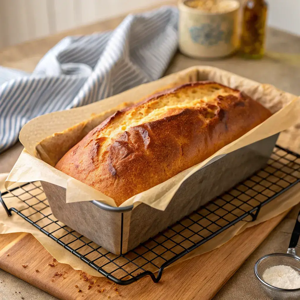 freshly baked zero carb yogurt bread loaf in a pan