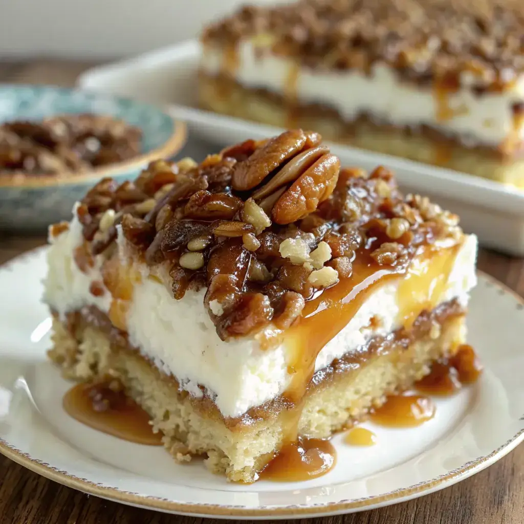 a slice of butter pecan praline poke cake with whipped cream