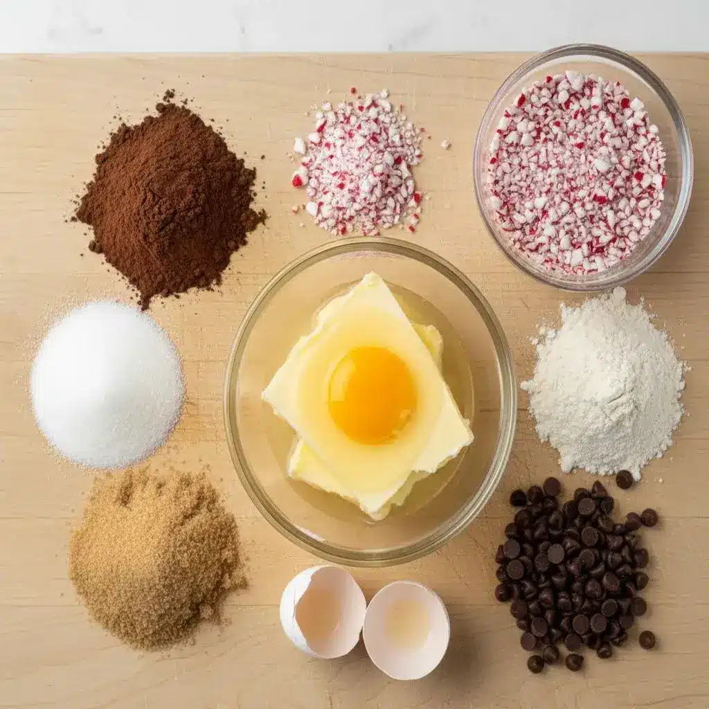 ingredients for festive chocolate peppermint cookies