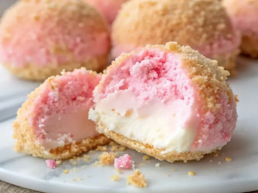Crispy Cotton Candy Cheesecake Bomb, showcasing its colorful shell and creamy interior.