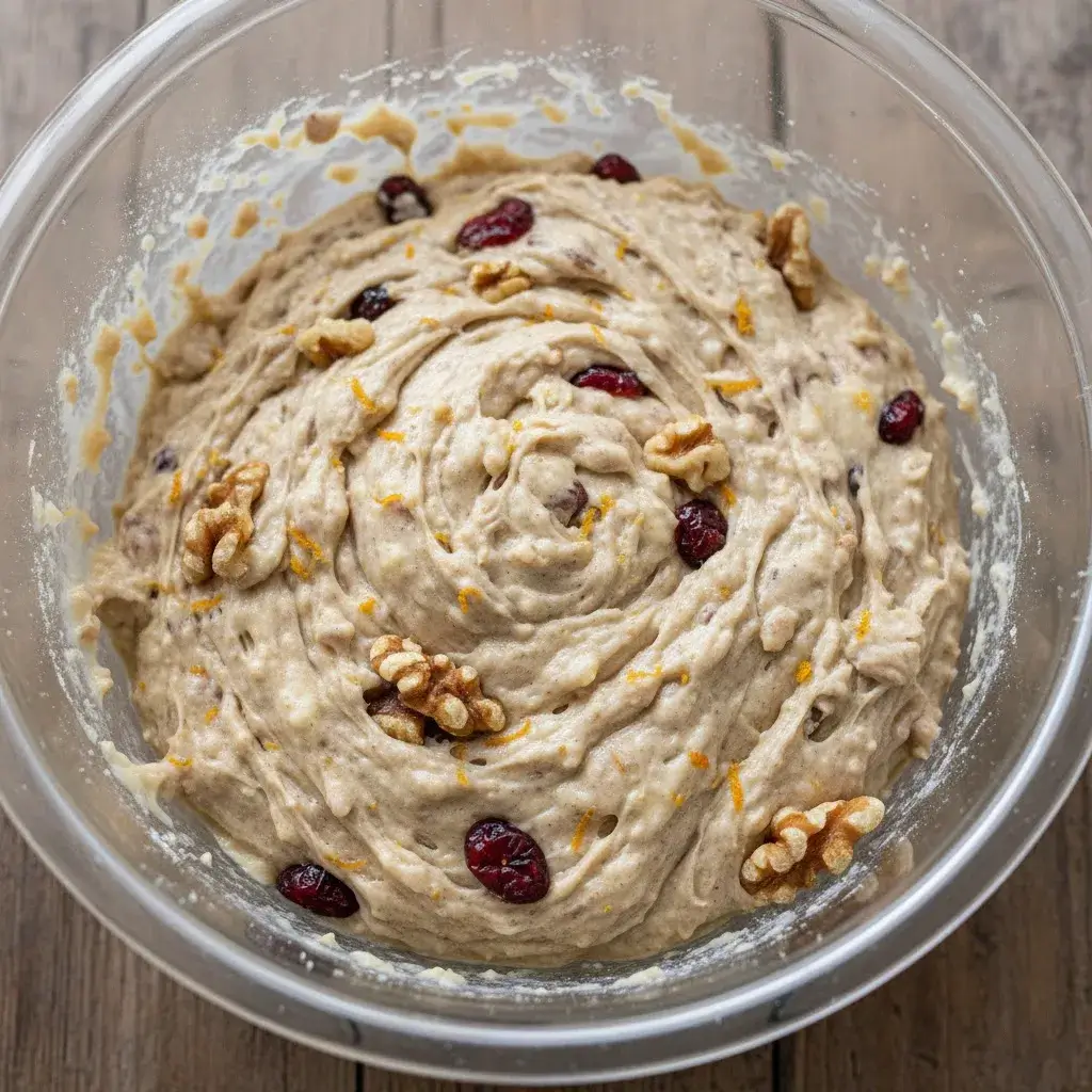 mixing cranberry walnut bread batter in a bowl