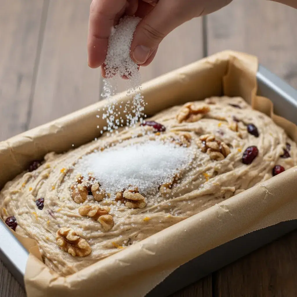 sprinkling sugar topping on cranberry walnut bread before baking