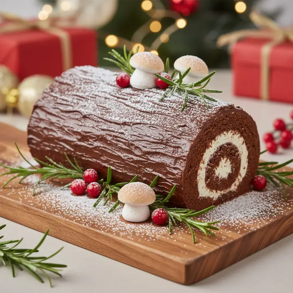 fully decorated gluten free yule log cake with mushrooms and rosemary