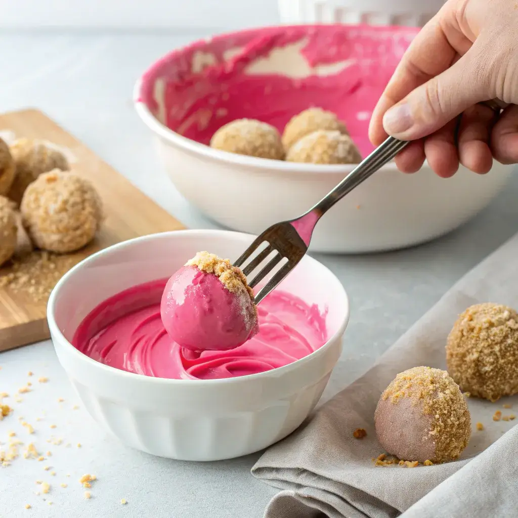 dipping a cheesecake bomb in candy coating