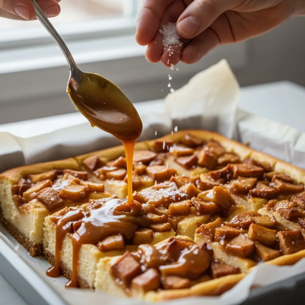 drizzling caramel on apple cheesecake bars recipe