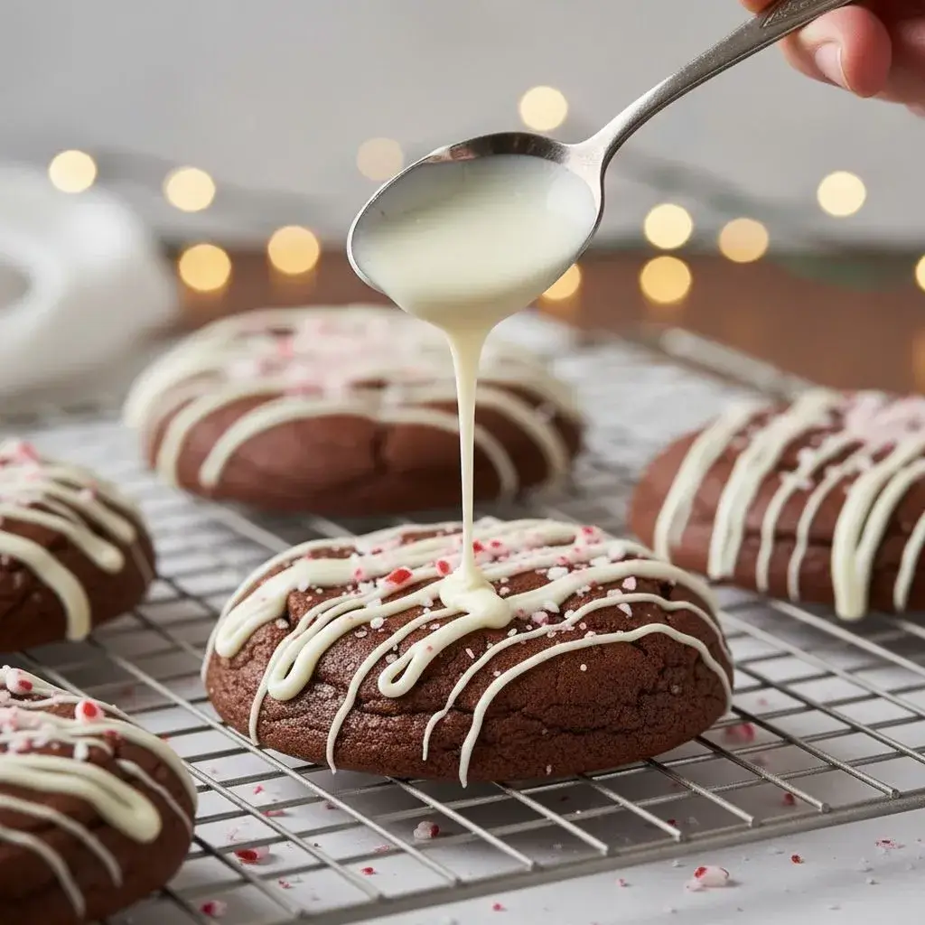 drizzling white chocolate on peppermint cookies