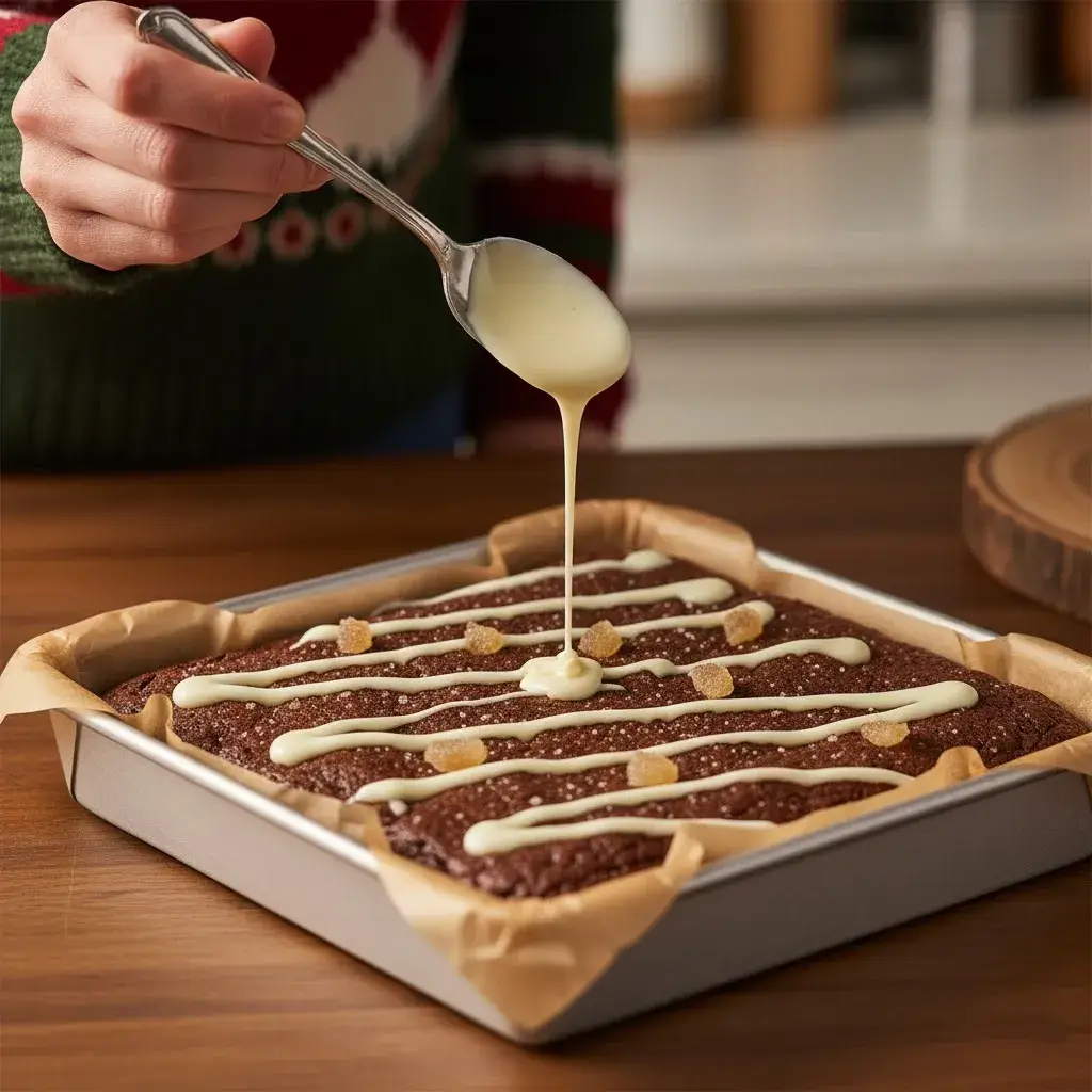 drizzling white chocolate on top of gingerbread brownies