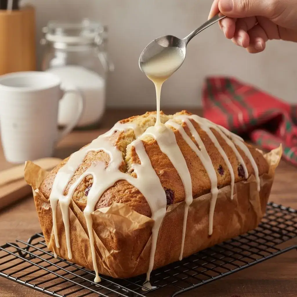 drizzling glaze on eggnog cranberry bread